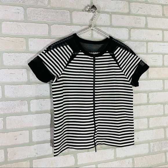 Lafayette 148 Short Sleeve Striped Zip Front Top - Picture 4 of 9